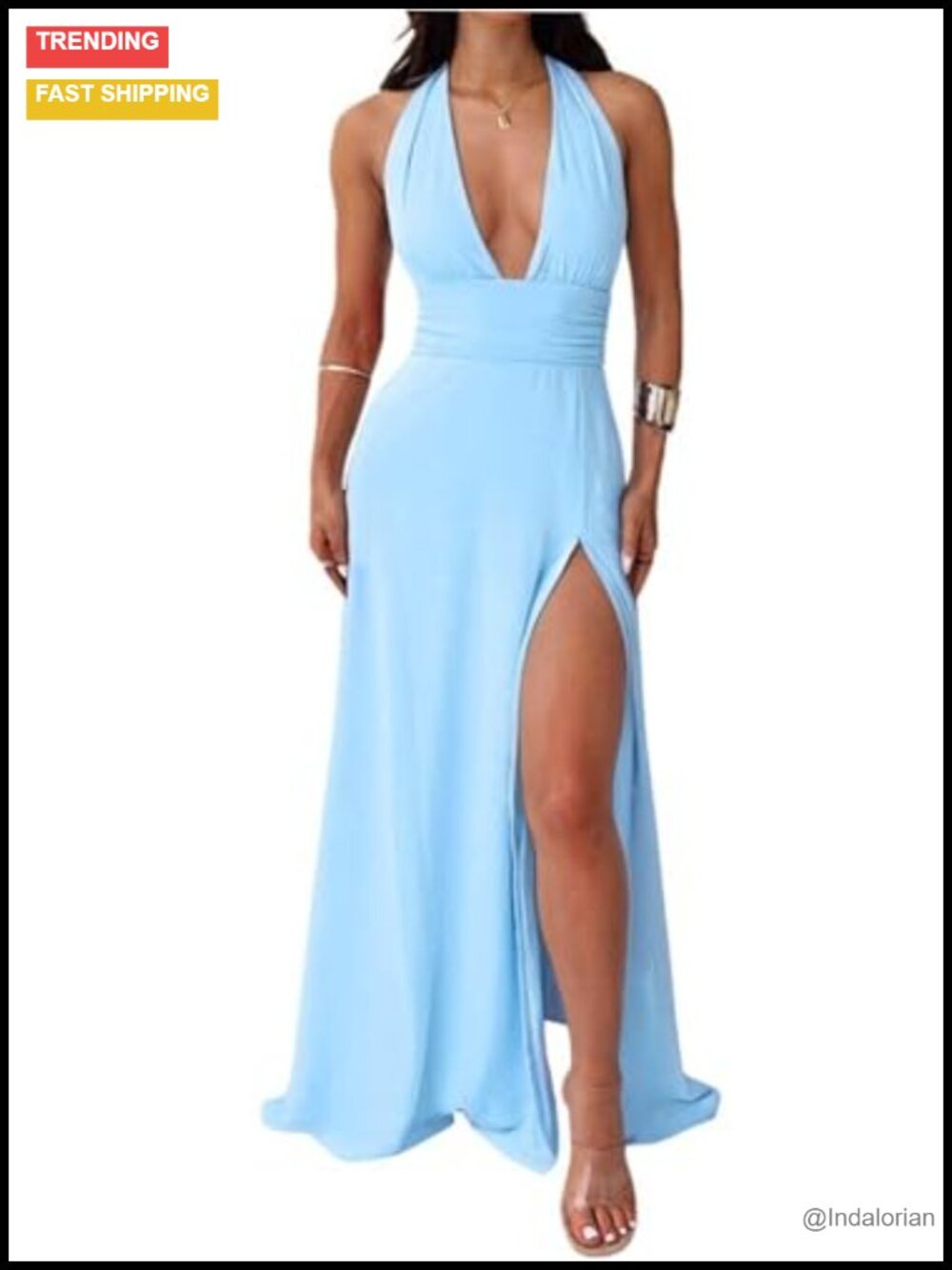 Women's Sexy Halter Deep V Neck High Side Split Long Maxi Dress